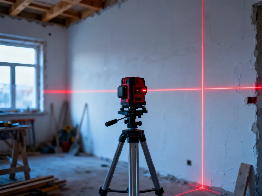 Poziomica laserowa na statywie wyświetlająca precyzyjne linie na otynkowanych ścianach w trakcie remontu.