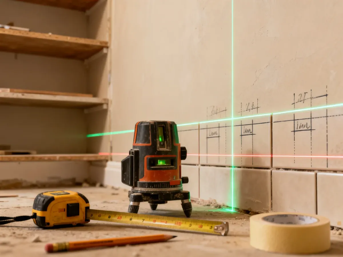 Poziomica laserowa używana przy montażu półek i układaniu płytek