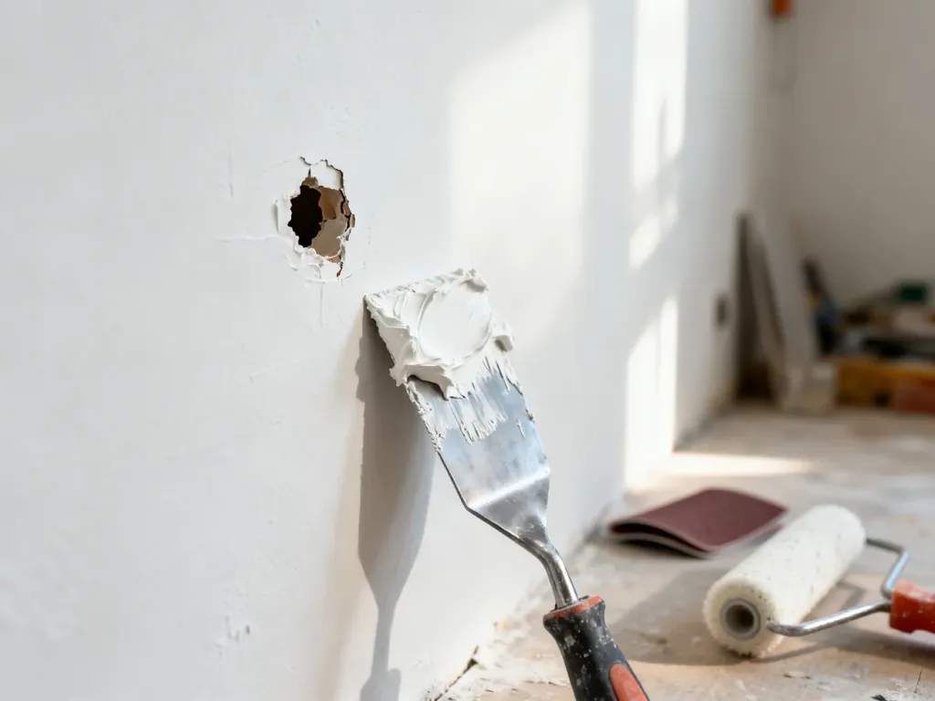 Metalowa szpachelka z białą masą szpachlową przyłożona do dziury w ścianie, gotowa do naprawy ubytków.