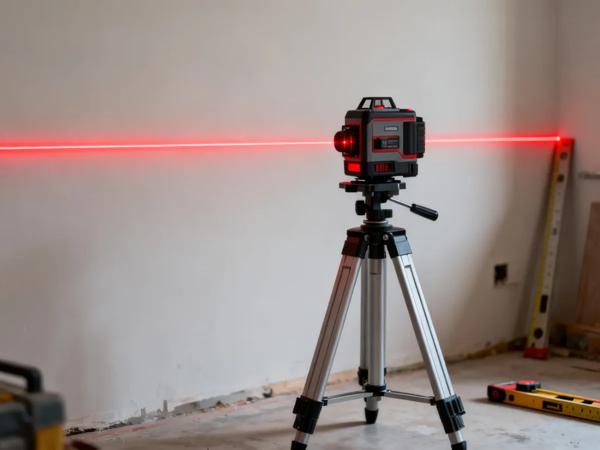 Poziomica laserowa ustawiona na stabilnym statywie i wyświetlająca linię na ścianie