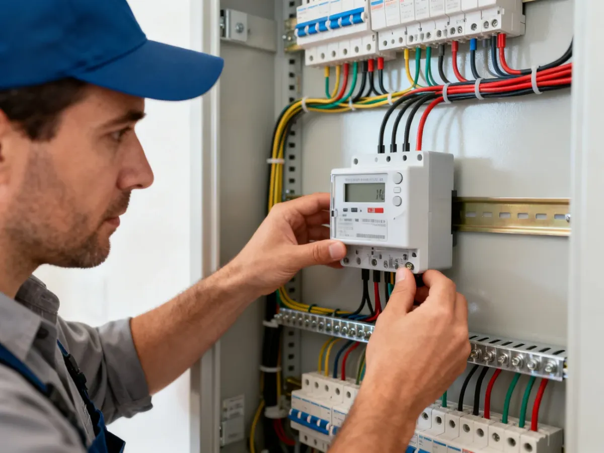 Elektryk montujący podlicznik energii na szynie DIN w rozdzielnicy
