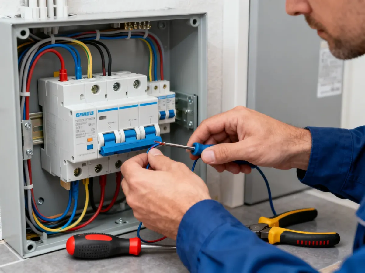 Elektryk podłączający jednofazowy wyłącznik różnicowoprądowy w rozdzielnicy
