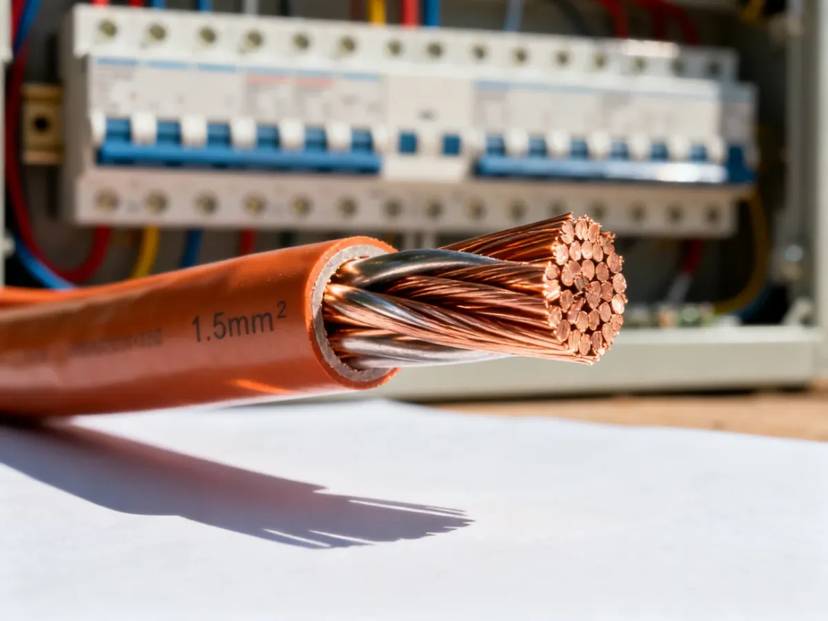 Zbliżenie na przewód miedziany o przekroju 1,5 mm² z widoczną strukturą żył na tle rozdzielnicy elektrycznej.