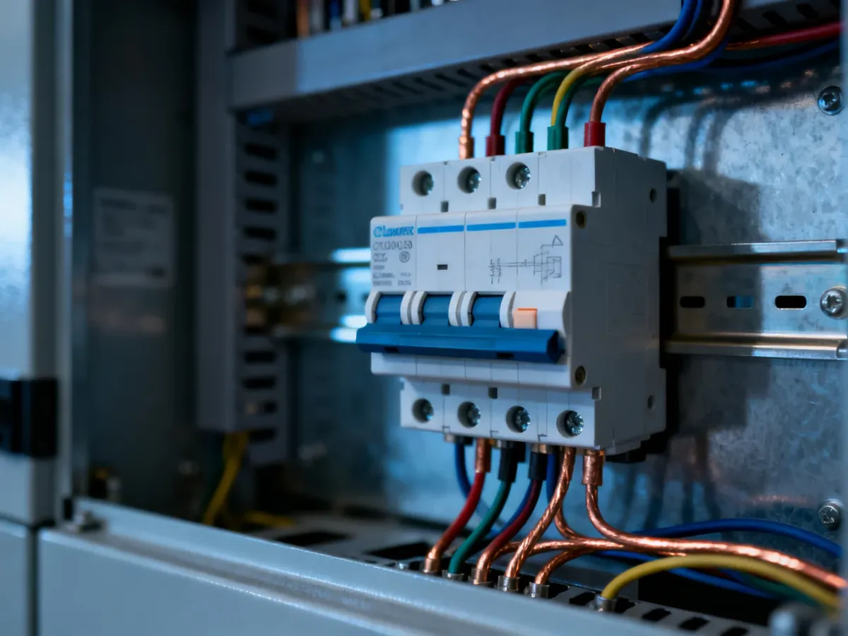 Trójfazowy wyłącznik różnicowoprądowy zamontowany na szynie DIN z podłączonymi przewodami w rozdzielnicy elektrycznej.