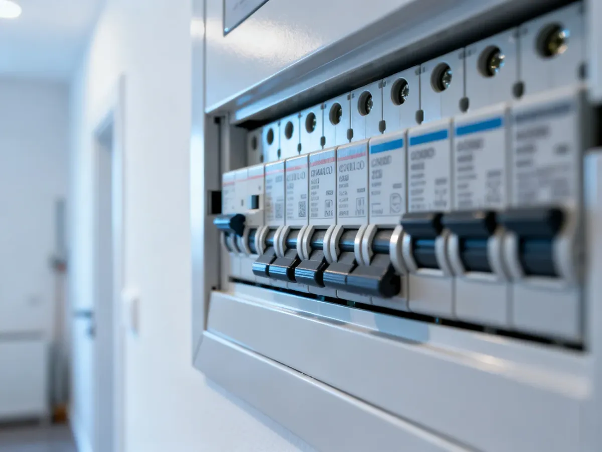 Nowoczesna rozdzielnica elektryczna z czytelnie uporządkowanymi bezpiecznikami w domowej instalacji.