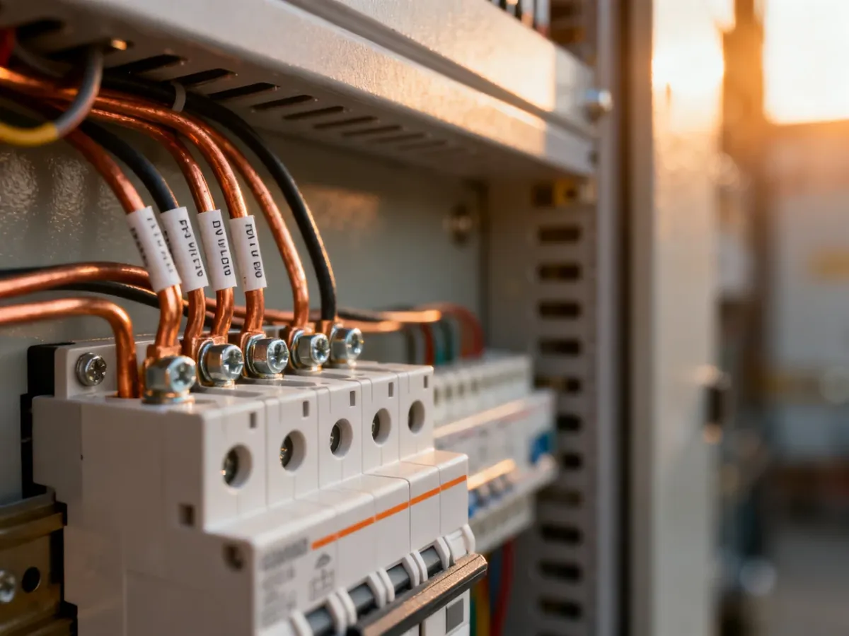 Profesjonalnie zainstalowany wyłącznik różnicowoprądowy w rozdzielnicy elektrycznej z widocznym okablowaniem.