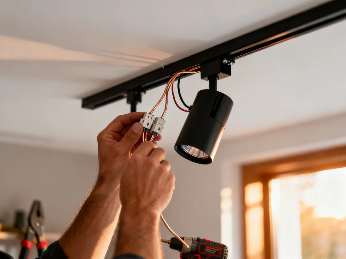 Elektryk montuje czarny system szynowy na białym suficie, łącząc przewody elektryczne w minimalistycznym wnętrzu.