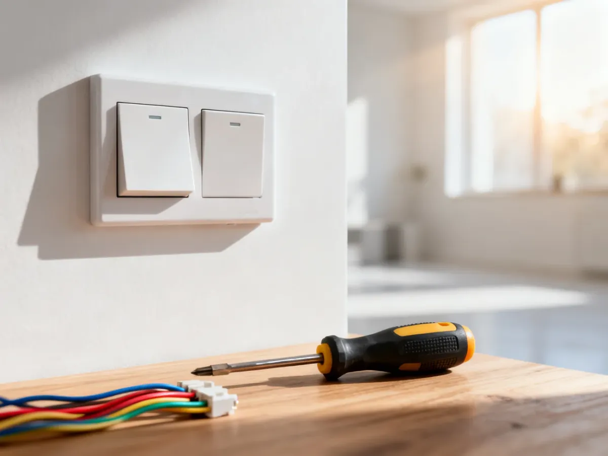 Podwójny włącznik światła na ścianie oraz narzędzia i przewody przygotowane do montażu instalacji elektrycznej.