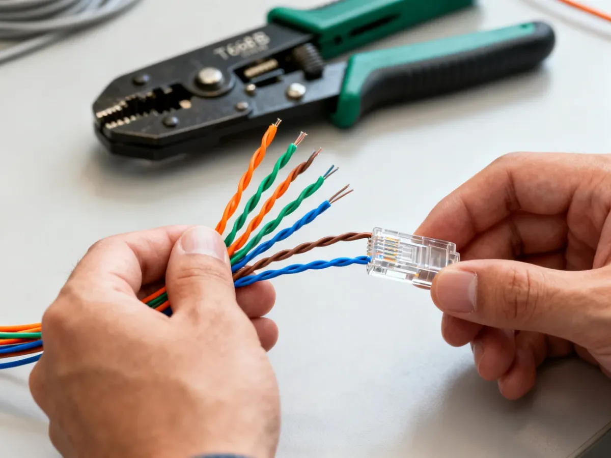 Układanie kolorowych żył kabla Ethernet według standardu T568B przed włożeniem do wtyku RJ45