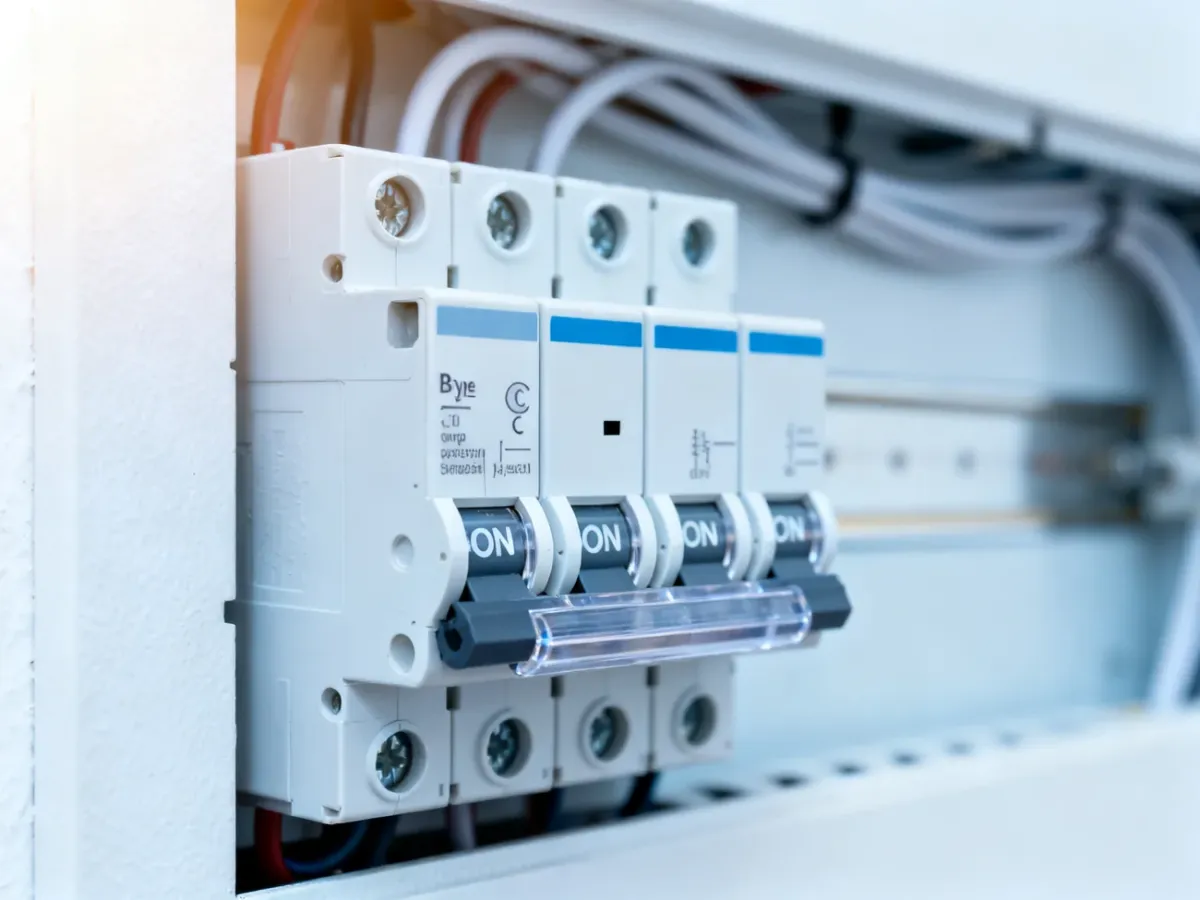 Nowoczesna rozdzielnica elektryczna z widocznymi wyłącznikami nadprądowymi typu B i C zamontowana na białej ścianie.