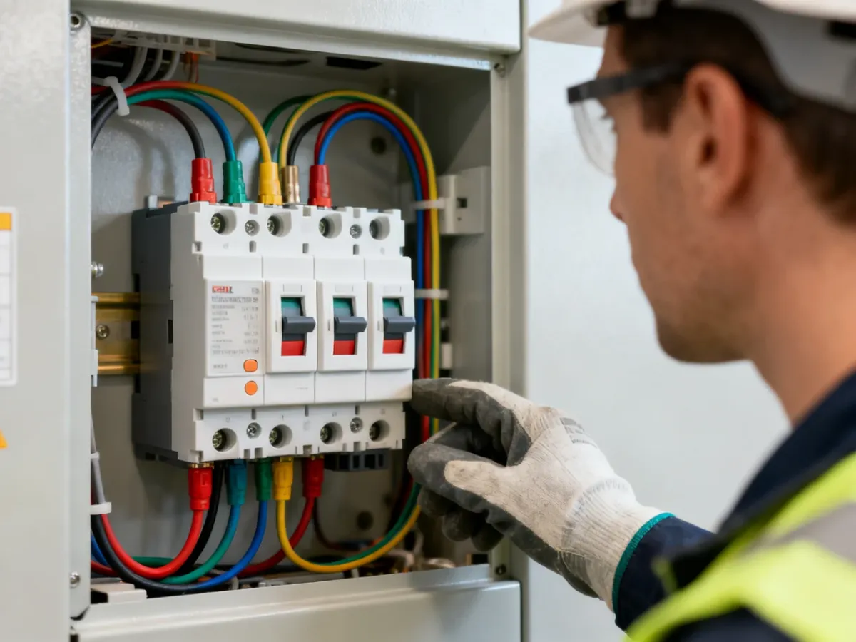Czteropolowy wyłącznik różnicowoprądowy w rozdzielnicy elektrycznej