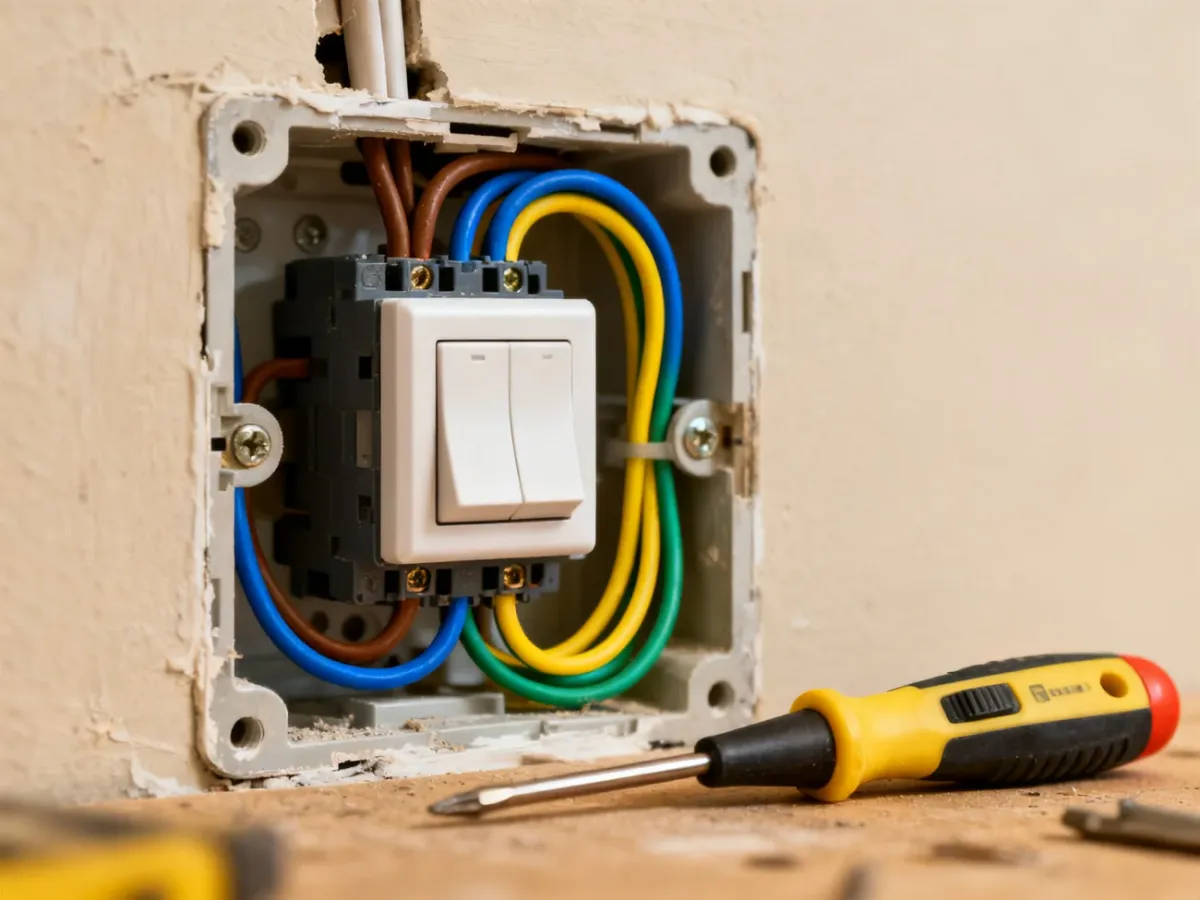 Puszka elektryczna z prawidłowo podłączonym włącznikiem i uporządkowanymi przewodami