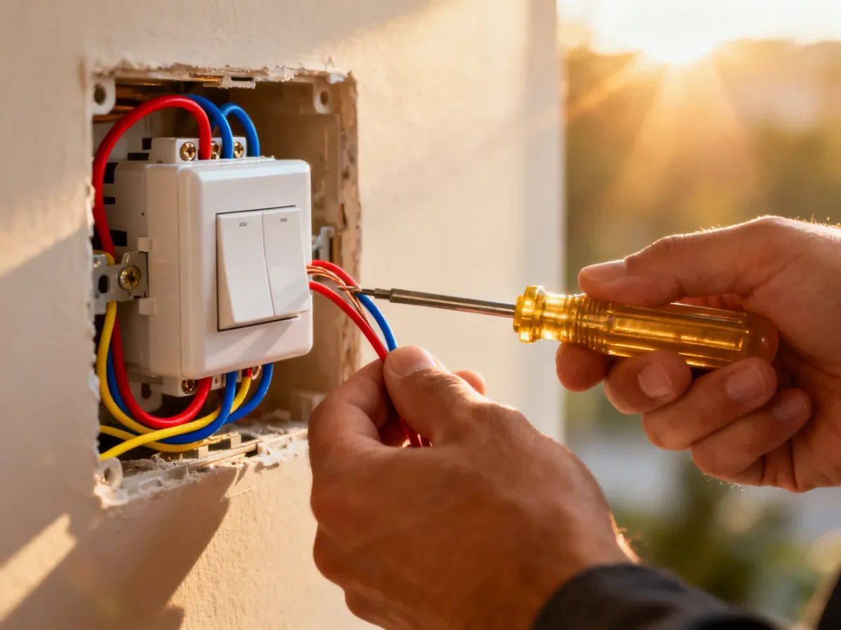 Dłonie elektryka montujące przewody w mechanizmie włącznika światła podczas prac instalacyjnych w domu.