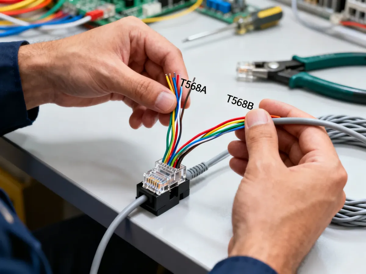 Porównanie ułożenia kolorowych par przewodów T568A i T568B na module Keystone RJ45
