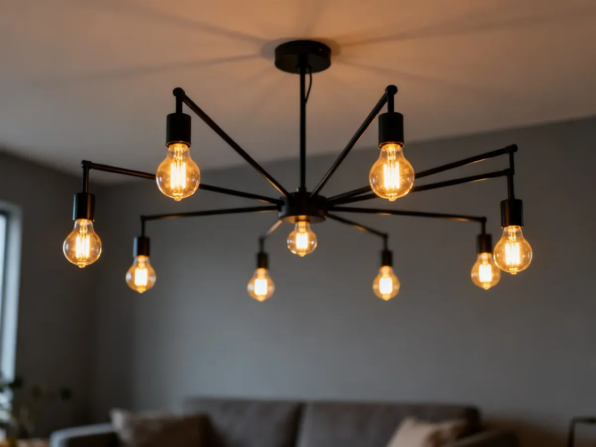 Nowoczesna lampa pająk z czarnymi ramionami i żarówkami typu Edison, tworząca przytulny nastrój w minimalistycznym salonie.