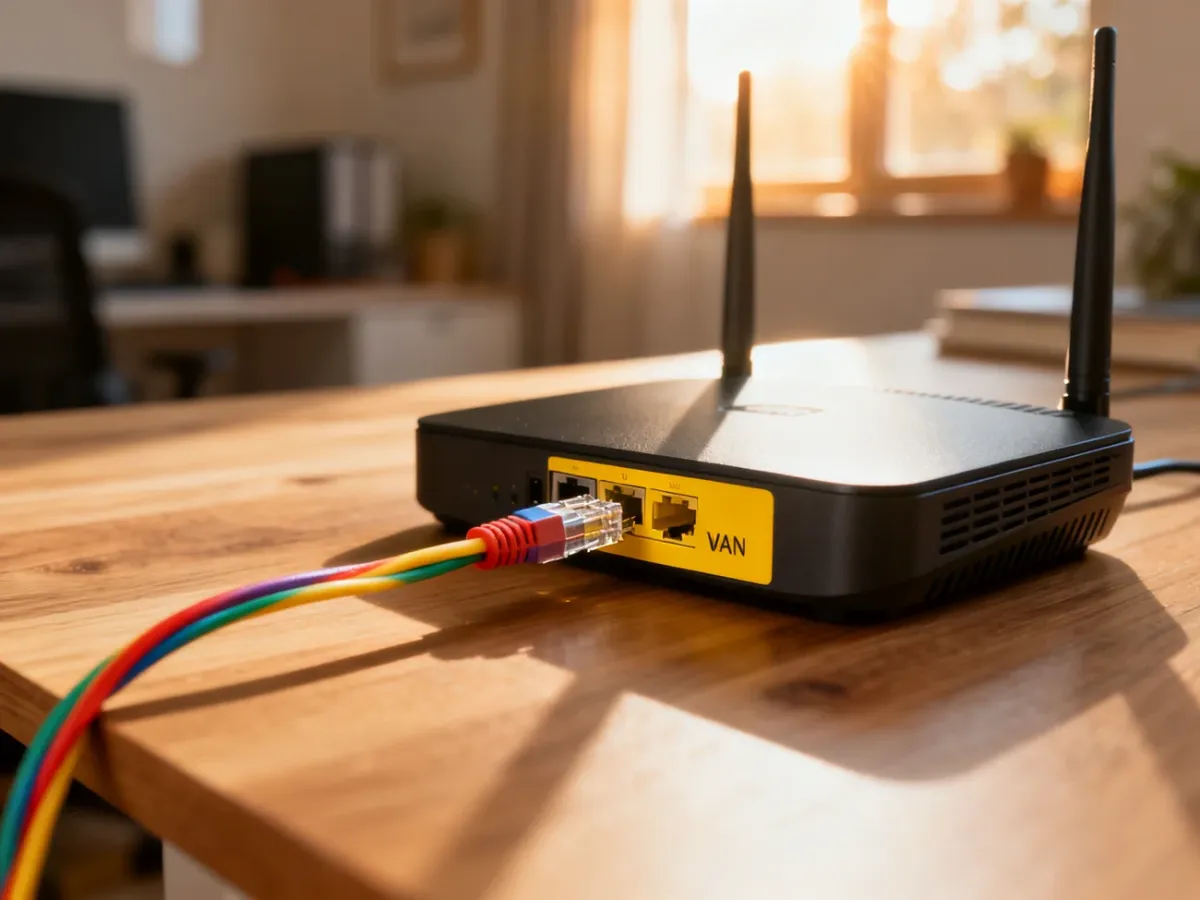 Dłoń podłączająca kolorowy kabel Ethernet do żółtego portu WAN w routerze TP-Link na drewnianym biurku.