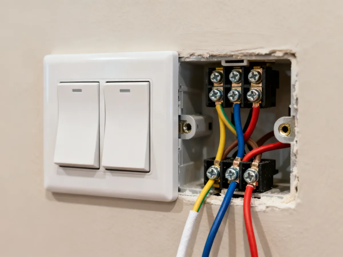 Mechanizm podwójnego włącznika z przewodami w puszce elektrycznej