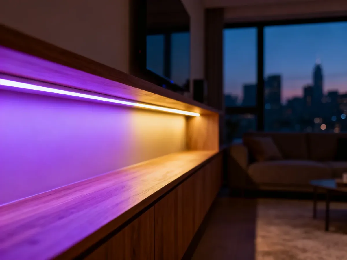 Nowoczesny salon z subtelnym, kolorowym oświetleniem LED wbudowanym w półkę, tworzącym przytulną atmosferę o zmierzchu.