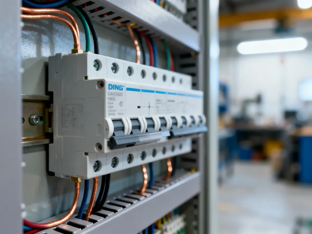 Nowoczesny wyłącznik różnicowoprądowy zamontowany na szynie DIN z precyzyjnie wykonanymi połączeniami elektrycznymi.