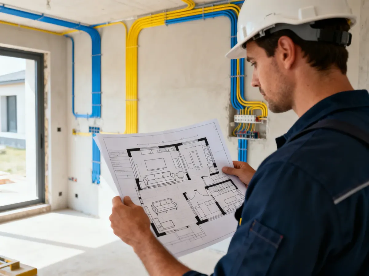 Elektryk planujący instalację elektryczną w niewykończonym domu