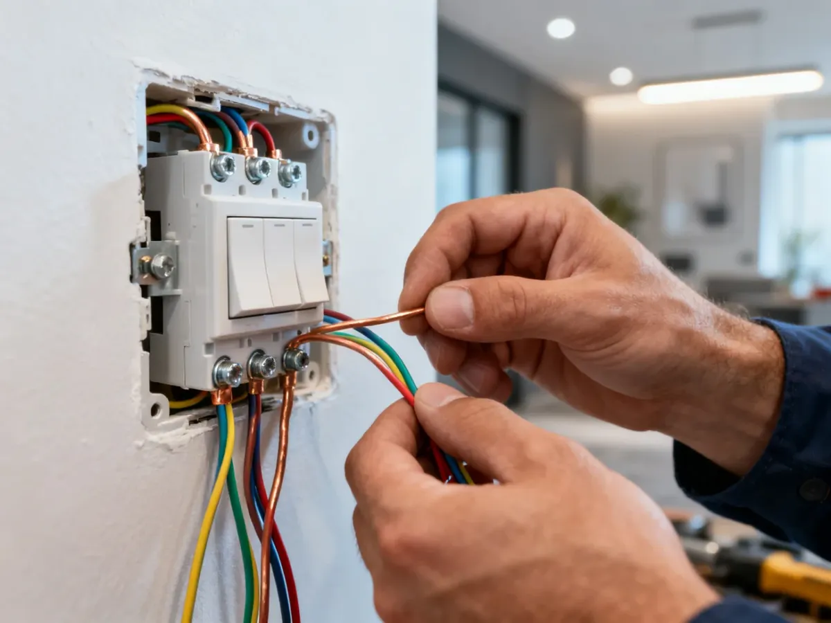 Elektryk podłącza kolorowe przewody do mechanizmu włącznika krzyżowego w nowoczesnym wnętrzu.