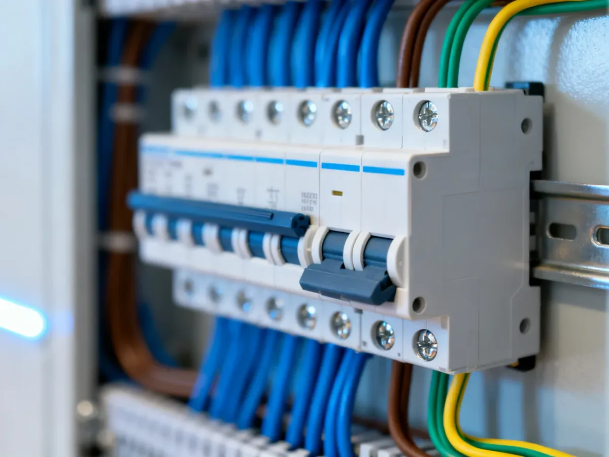 Nowoczesny wyłącznik różnicowoprądowy zamontowany na szynie DIN w domowej rozdzielnicy elektrycznej.