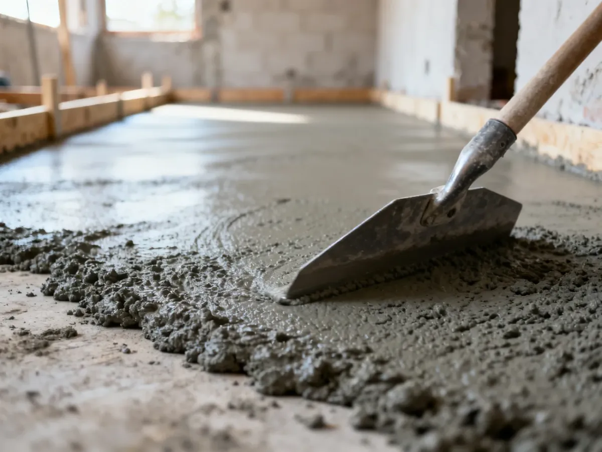 Wygładzanie świeżej wylewki betonowej metalową pacą na placu budowy.
