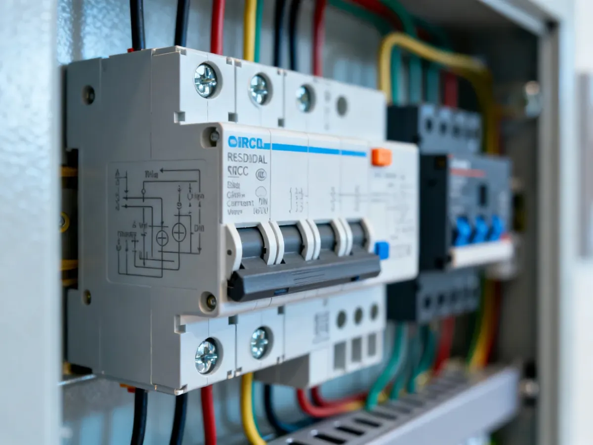 Zbliżenie na jednofazowy wyłącznik różnicowoprądowy zamontowany na szynie DIN w rozdzielnicy elektrycznej.