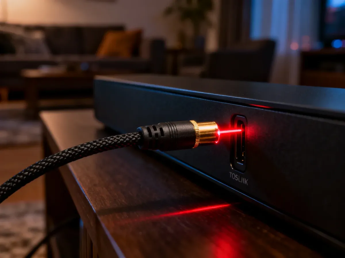 Wtyk kabla optycznego wkładany do portu soundbara z widocznym czerwonym światłem lasera.