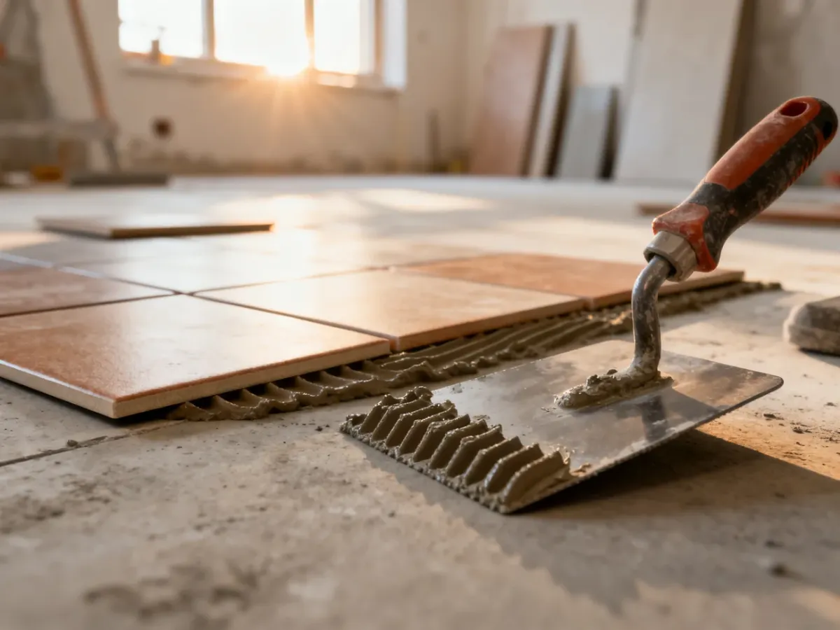 Płytki ceramiczne przygotowane do montażu na betonowym podłożu wraz z pacą zębatą i zaprawą klejową.