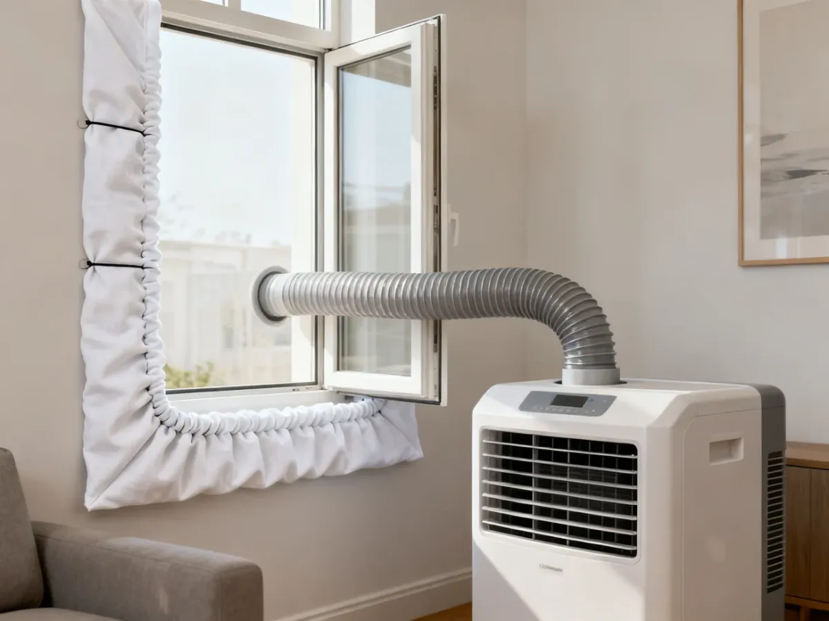 Klimatyzator przenośny z rurą przeprowadzoną przez szczelną uszczelkę okienną