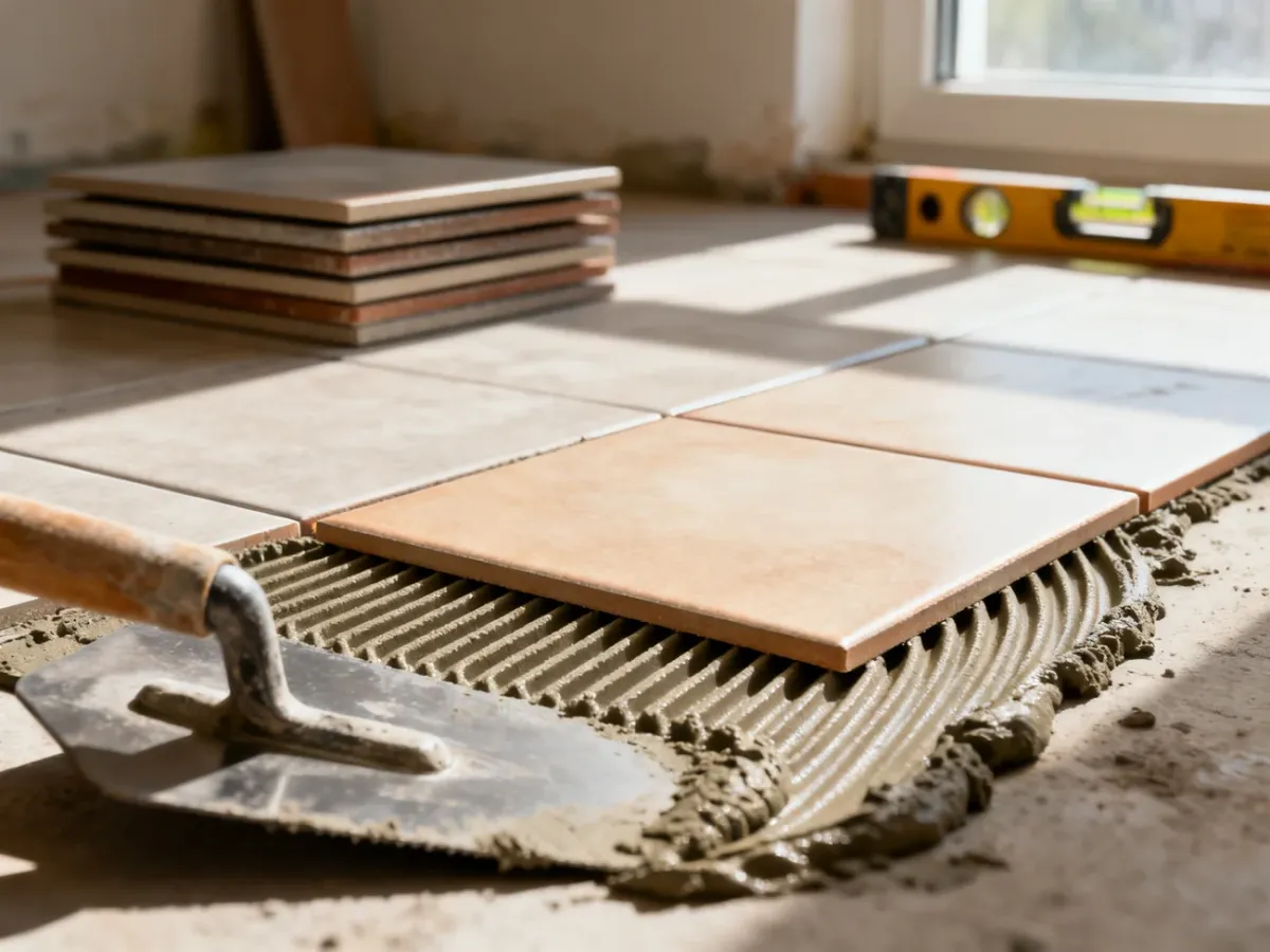 Płytka ceramiczna układana na warstwie zaprawy klejowej z widocznymi śladami pacy zębatej na podłodze.