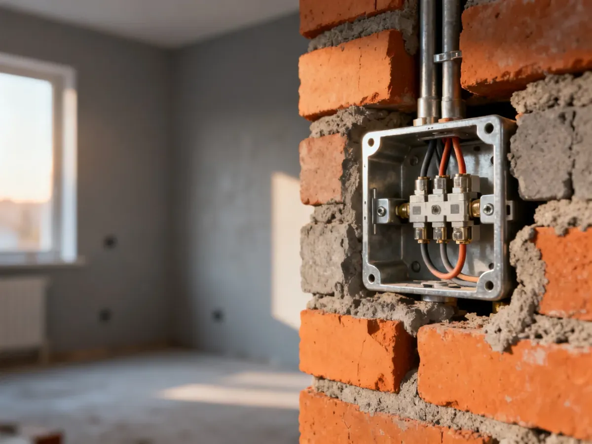 Puszka elektryczna zamontowana w ceglanej ścianie z wystającymi przewodami, gotowa do dalszych prac instalacyjnych.