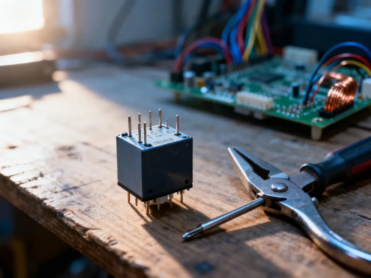 Przekaźnik elektromagnetyczny na warsztacie z narzędziami, gotowy do podłączenia w układzie elektronicznym.