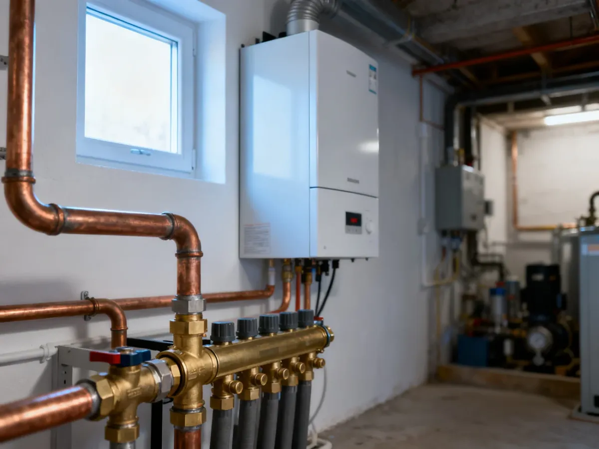 Nowoczesny kocioł kondensacyjny z precyzyjnie wykonaną instalacją miedzianą w kotłowni domu jednorodzinnego.