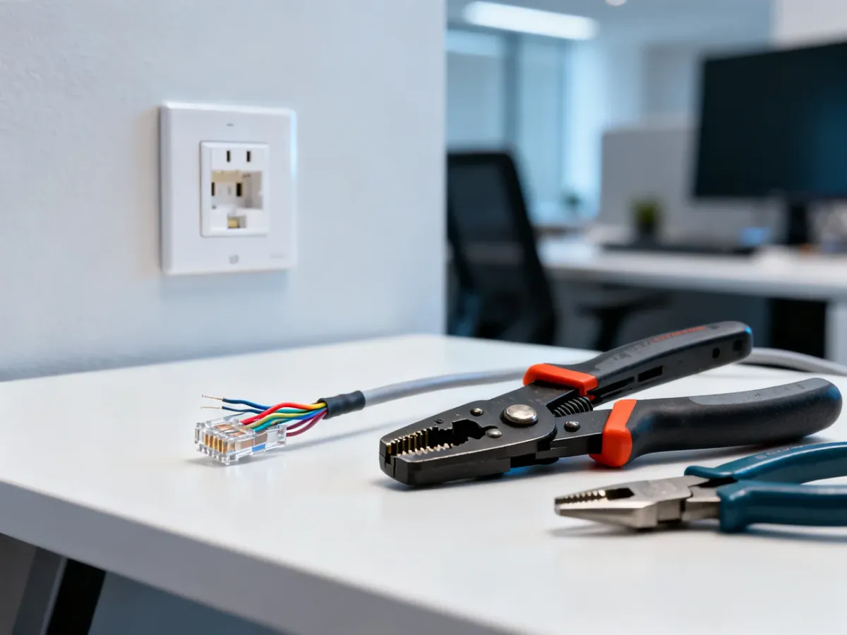 Narzędzia do montażu gniazda ethernet oraz przewód Cat6 przygotowany do instalacji na ścianie.