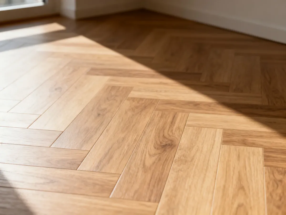 Nowoczesna podłoga laminowana ułożona w jodełkę, podkreślająca realistyczną strukturę drewna i estetyczny wygląd wnętrza.