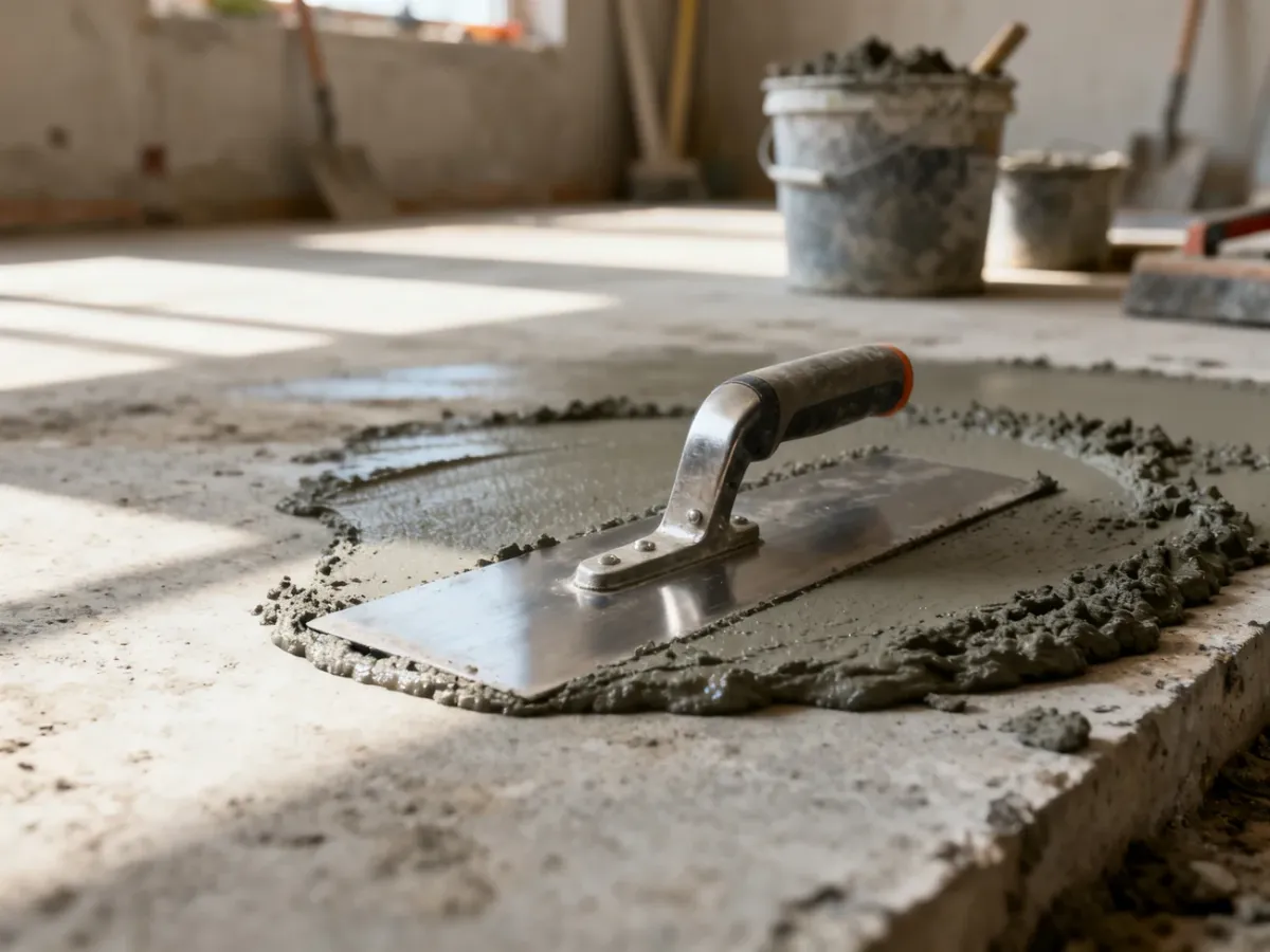 Stalowa paca wygładzająca wylewkę samopoziomującą na betonowym podłożu podczas prac remontowych.