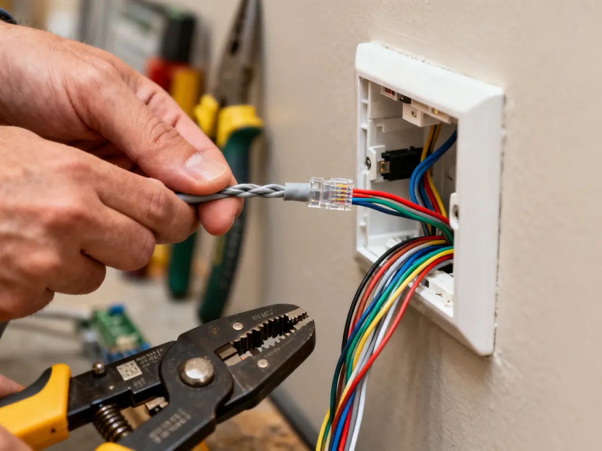 Technik podłącza przewód Ethernet do modułu RJ45 w puszce ściennej
