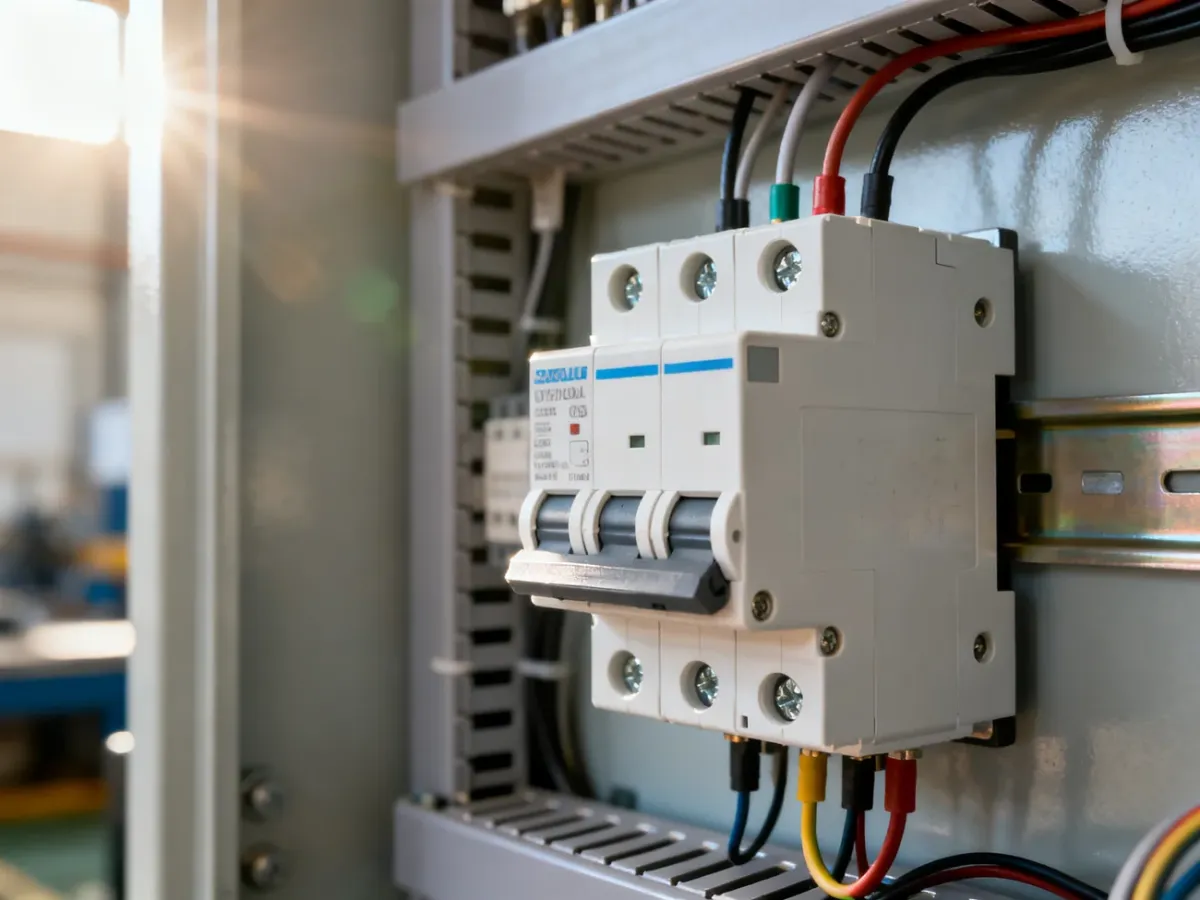 Trójfazowy wyłącznik różnicowoprądowy zamontowany na szynie DIN w rozdzielnicy elektrycznej.