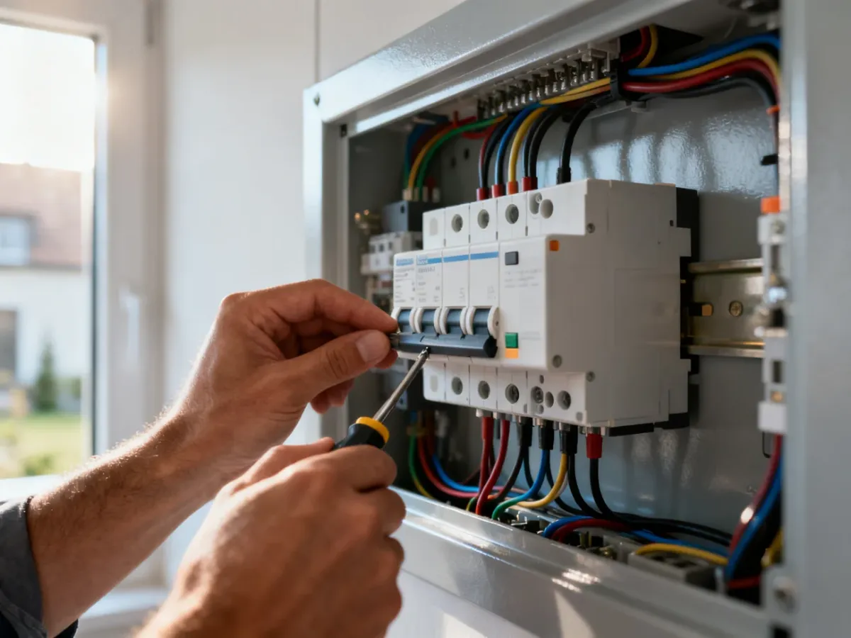 Elektryk montuje wyłącznik nadprądowy w nowoczesnej rozdzielnicy elektrycznej przy użyciu śrubokręta.