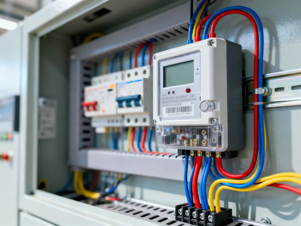 Cyfrowy podlicznik prądu zamontowany na szynie DIN z uporządkowanym okablowaniem w rozdzielnicy elektrycznej.
