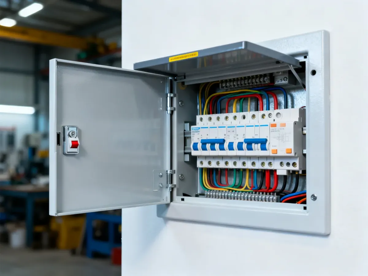 Otwarta nowoczesna rozdzielnia elektryczna z uporządkowanymi wyłącznikami i okablowaniem na białej ścianie.