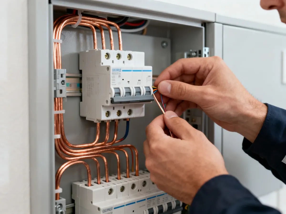 Elektryk podłącza ogranicznik przepięciowy w rozdzielnicy elektrycznej
