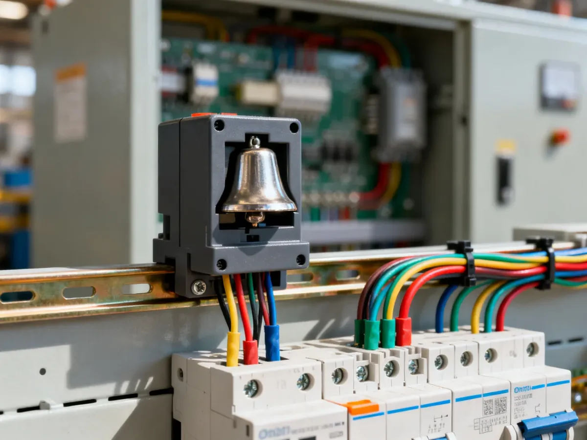 Dzwonek modułowy zamontowany na szynie DIN w rozdzielnicy elektrycznej z podłączonymi przewodami.