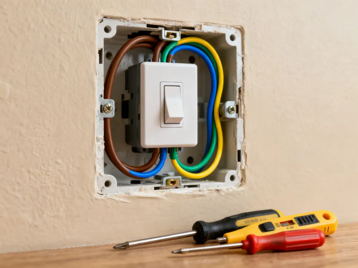 Puszka elektryczna z mechanizmem włącznika i kolorowymi przewodami