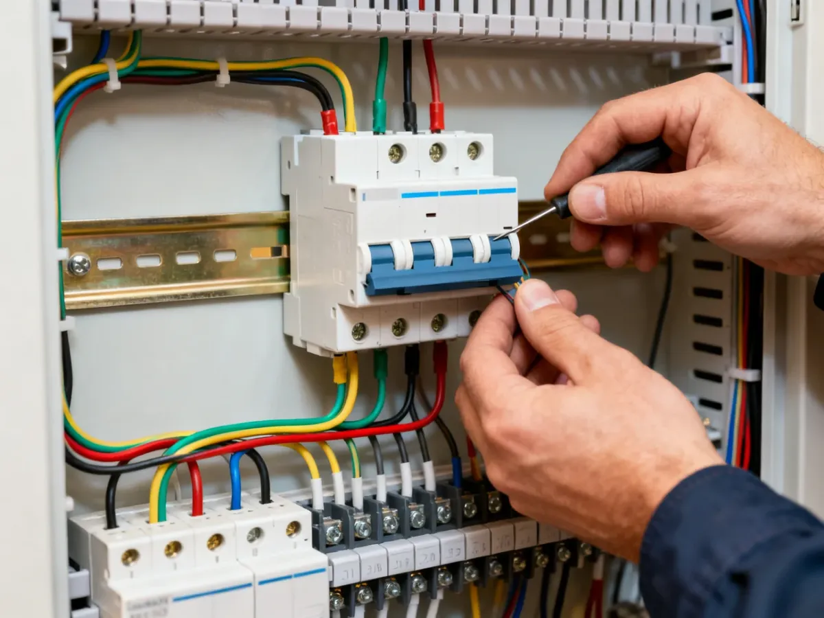 Elektryk podłącza jednofazowy wyłącznik różnicowoprądowy w rozdzielnicy