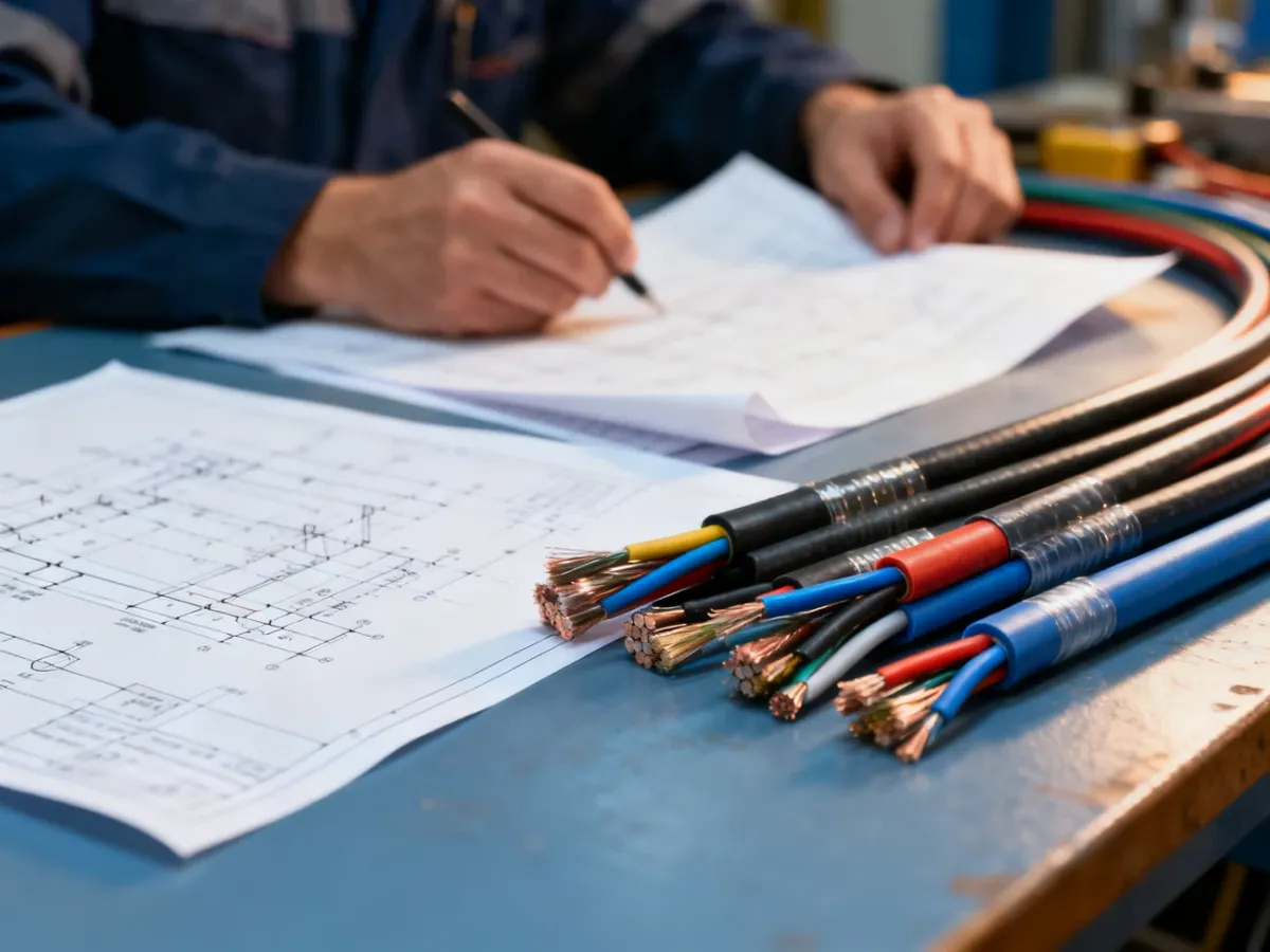 Dokumentacja techniczna i kable elektryczne na stanowisku pracy