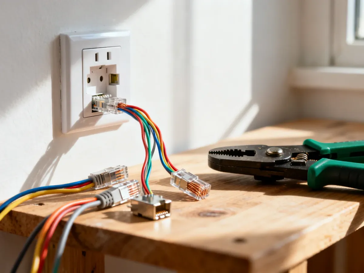 Montaż gniazda internetowego: zbliżenie na przewody sieciowe, narzędzia zaciskowe oraz instalację na drewnianym blacie.