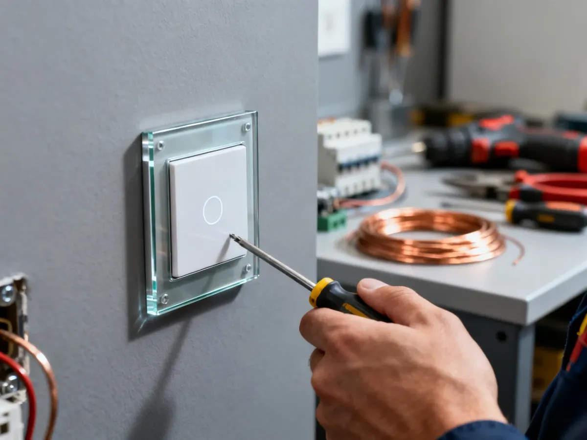 Elektryk montujący nowoczesny szklany włącznik dotykowy na szarej ścianie przy użyciu śrubokręta.